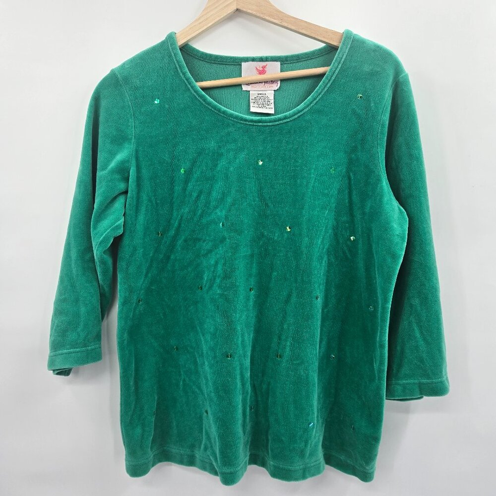 Quacker Factory Green Velour Rhinestones 3/4 Sleeves Top Small